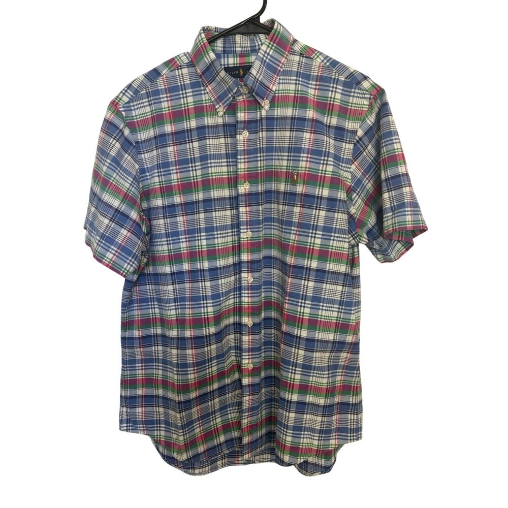 Ralph Lauren Pink Blue Green Plaid Short Sleeve Button Down Large Flesh Pony